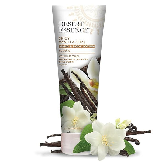 Desert Essence Spicy Vanilla Chai Hand & Body Lotion, Uplifting, Smoothes & Softens Skin, No Greasy Residue, Aloe Vera, Shea Butter, Vitamin E, 8 Fl Oz