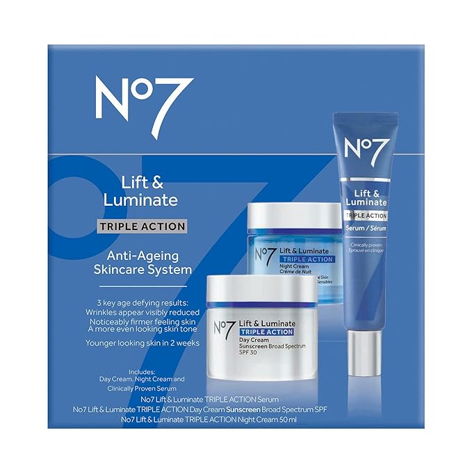 No7 Lift & Luminate Triple Action Skincare Set - Broad Spectrum Anti Aging Day Cream SPF 30 + Vitamin C Wrinkle Serum + Collagen Peptide Brightening Night Cream (3 Piece Kit)