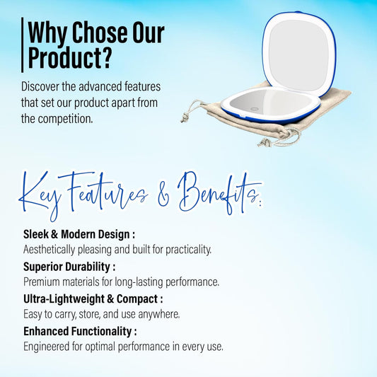 LED Compact Mirror – 1x & 10x Magnification | Travel Makeup Mirror with Adjustable Lighting | Handheld & Pocket-Sized Portable Mirror with Protective Pouch (Blue)