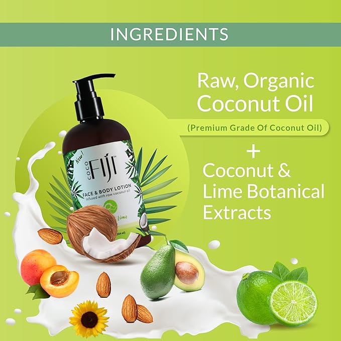 Coco Fiji Face & Body Lotion Infused with Coconut Oil | Lotion for Dry Skin | Moisturizer Face Cream & Massage Lotion for Women & Men |Coconut Lime 12 ozPack of 3