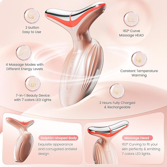 SEELE Multi-Polar 7-Color LED Skin Beauty Device - Luxurious Firming and Radiance and Anti-Aging for Face and Neck, Based on 7 Color LED, Vibration, and Thermal Technologies. (Rose Gold)