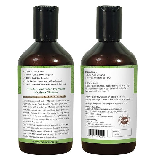 Organic Veda Moringa Oil - Pure Cold Pressed Organic Moringa Seed Oil - Natural Face Oil for Women, Moisturizing Hair Oil - Virgin Moringa Oleifera Oil for Skin, Body, Scalp Care & Nails - 16 fl.oz