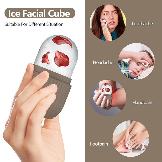 Ice Roller for Face and Eye, Silicone Ice Facial Roller Ice Holder, Face Ice Mold Skin Care, Face Icers Reusable Ice Cube Roller for Shrink Pores Anti Wrinkle Reduce Puffiness, Brown