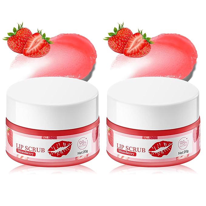 2 Pack Strawberry Lip Scrub Set,Long Lasting Moisturizing Lip Scrubber Exfoliator, Cleansing Hydrating Lip Exfoliator Scrub and Moisturizer Kit for Chapped Dry Lips
