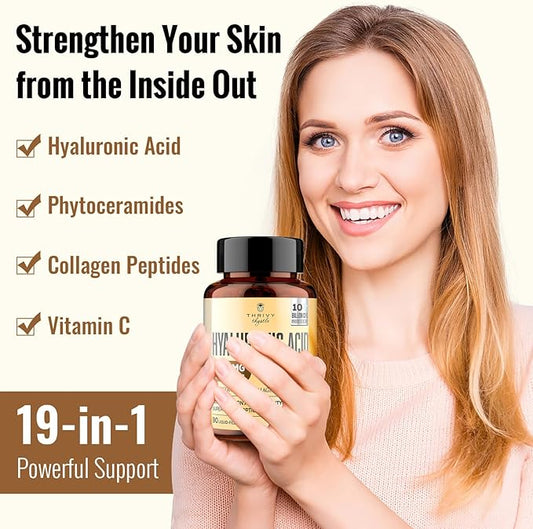 19-in-1 Hyaluronic Acid Capsules - Hylunaric Acid 1200 mg, with Collagen Peptides, Vitamin C, Phytoceramides - for Skin, Eyes, Gastrointestinal, Bones & Joint Lubrication (1 Pack)