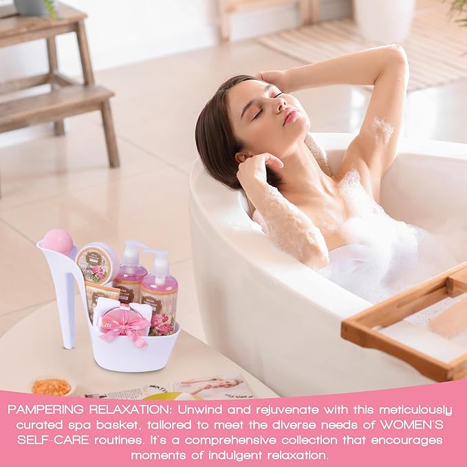 Draizee Mothers Day Gifts for Mom - Spa Gift Baskets for Women - 8 Pcs Luxury Rose Scented Heel Shoe Design Bath and Body Spa Set-Self Care Package for Women, Presents for Mom, Body Care Set for Her