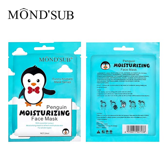 MOND'SUB Animal Spa Beauty Mask, Character Masks Sheet-(Pack of 5) Penguin Nourishing & Moisturizing Effects For All Skin Types- Birthday Party Gift for her, Girls Night, Spa Night, Beauty Gift