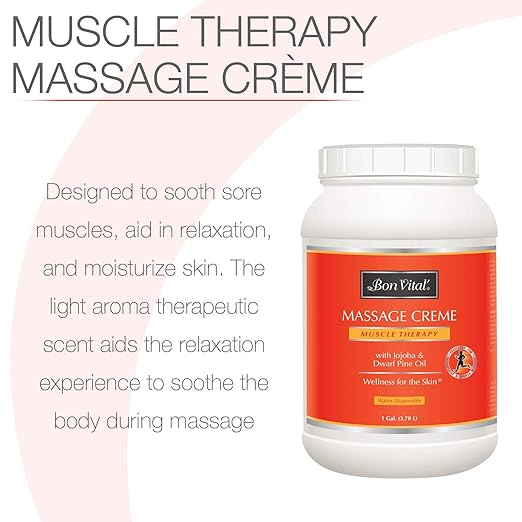 Bon Vital' Muscle Therapy Massage Creme, Professional Massage Cream with Dwarf Pine Oil & Essential Oils for Relaxation & Soreness Relief, For Deep Tissue & Sports Massage, 1 Gal, Label may Vary