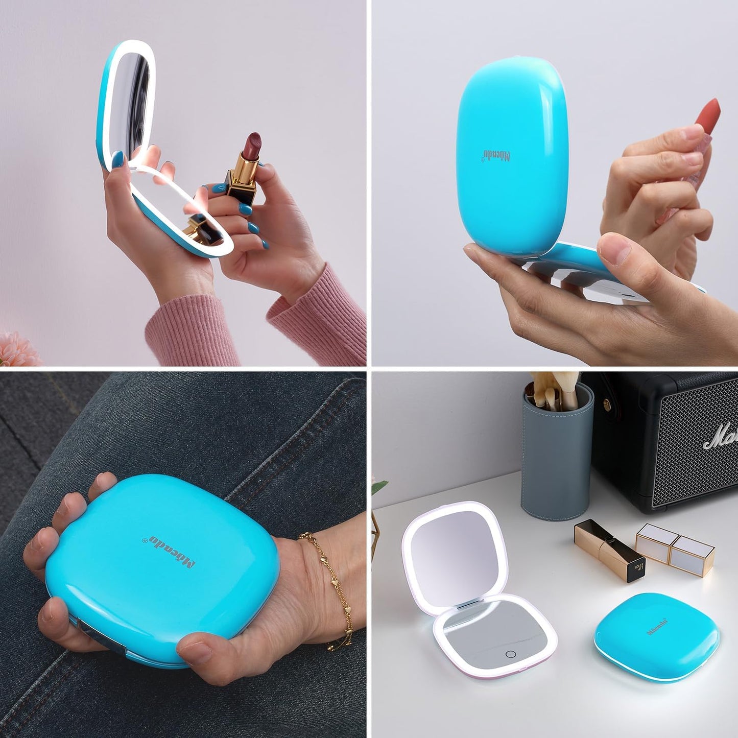 Mocado Compact LED Travel Makeup Mirror - 4 Inches 1X/10X Magnification Travel Mirror with Light Dimmable Double Sides Lighted USB Rechargeable Compact Mirror for Purse,Pocket,Travel(Blue)