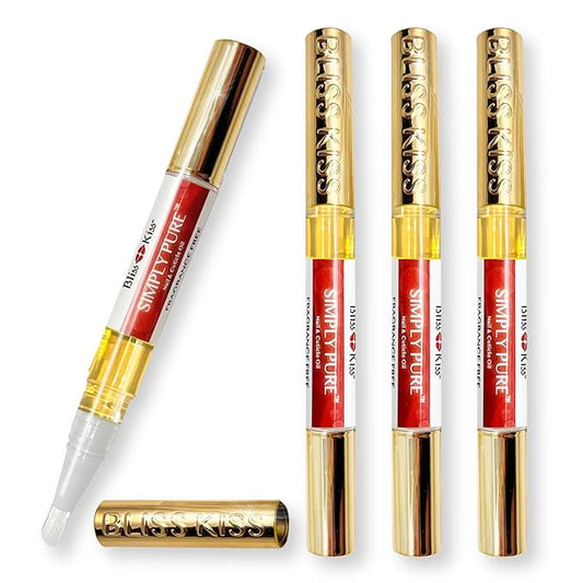 Bliss Kiss | Fragrance Free 4 Nail Oil Cuticle Pens w/Vitamin E & Jojoba⏤Nail Strengthener Nail Growth and Strengthening Serum for Brittle, Peeling, Breaking, Thin nails