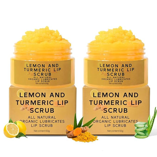 2 Pcs Turmeric Lemon Lip Scrub for Dark Lips, Natural Lightening Sugar Lip Scrub with Aloe Vera for Smokers, Lip Treatment for Lip Exfoliating, Chapped Lips