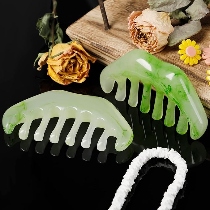 Geiserailie 2 Pieces Jade Combs Massage Stone Hair Gua Sha Scraping Scalp Comb Facial Massage Tool Multifunctional Handheld Head Tools Head Caring Therapy Mother's Day Gift(Elegant Style)