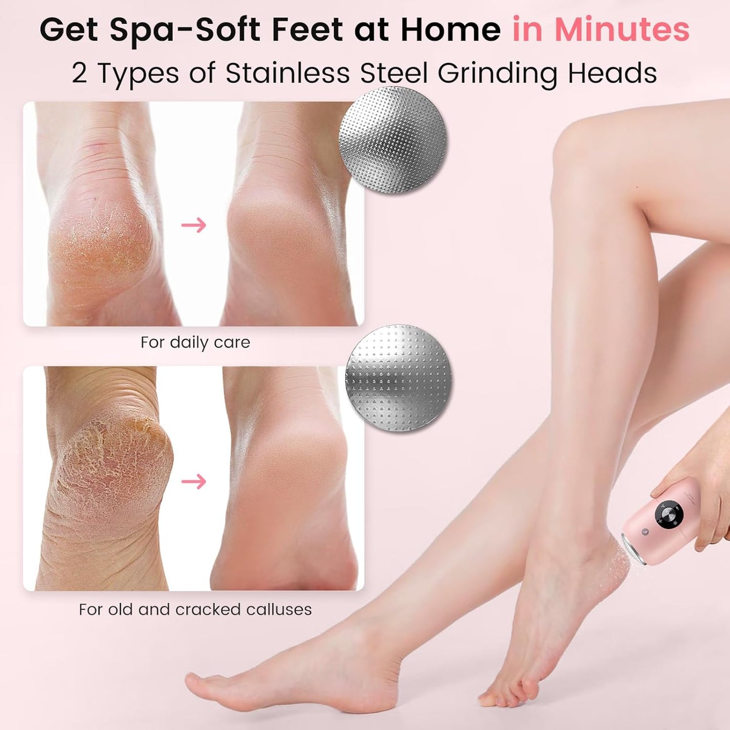Quaferen Foot Callus Remover Electric Callus Remover for feet Rechargeable Foot File Pedicure Tools with Stainless Steel Head IPX6 Waterproof Foot Scrubber for Dead Hard Cracked Dry Skin (Pink)