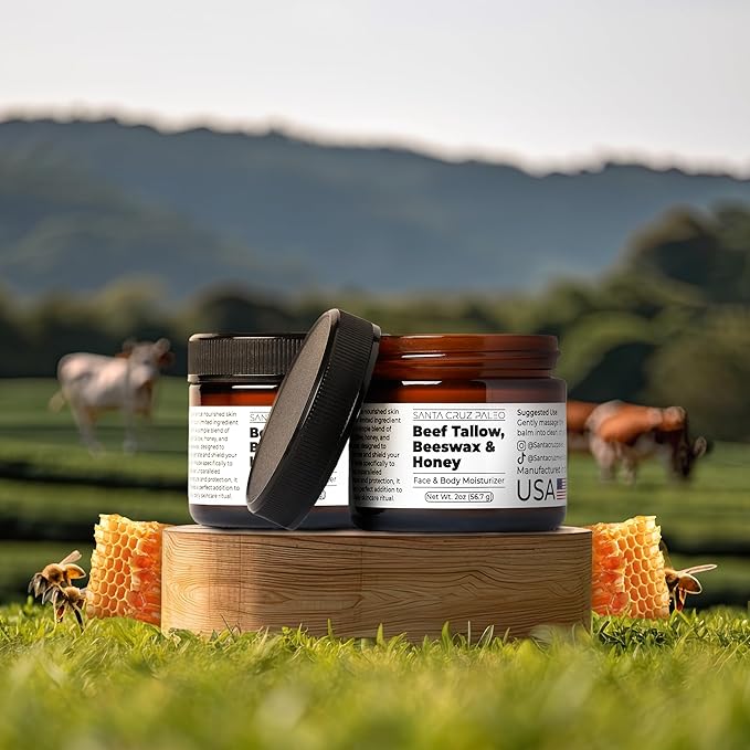 Santa Cruz Paleo Beef Tallow for Skin, Grass Finished & Grass Fed Beef Tallow and Honey Balm Body & Face Moisturizer, Organic Beeswax and Organic Honey, Light Scent, Moisturizing Natural Formula, 2 Oz
