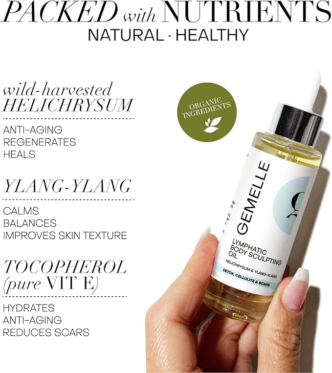 GEMELLE Lymphatic Body Sculpting Oil | 6X Award Winner | Anti-Cellulite, Stretch Marks, Scars, Bloating, Lymphatic Drainage | Helichrysum & Ylang-Ylang | Paraben-Free, Natural Skin Care 15ml