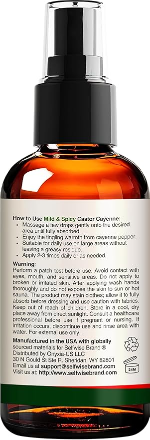 Organic Castor Cayenne Muscle & Body Oil - Mild & Spicy - Lightweight Fast Absorbing Oil for Skin, Body, Belly, Muscles, Large Areas for Everyday Relaxation 2oz