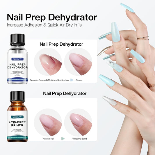 Morovan Nail Primer And Natural Nail Prep Dehydrate Set, Nail Dehydrator and Primer, Fast Air Dry For Gel Polish & Acrylic Powder, Gel Nail Primer and Dehydrator 30ml / 1oz