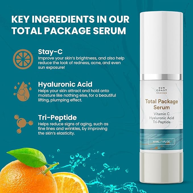 Sun Coast Sciences - Total Package Serum, All-In-One Vitamin C, Hyaluronic Acid, Peptides Serum For Face, Anti-Aging Facial Super Serum for Wrinkles, Age Spots - 1 fl oz (4)