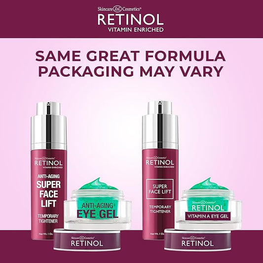 Retinol Super Face Lift - Visibly firms and tightens for a lifted, younger look. Infused, with Vitamins C & E + Retinol Eye Gel - Reduces Puffiness & Dark Circles, Restores Elasticity