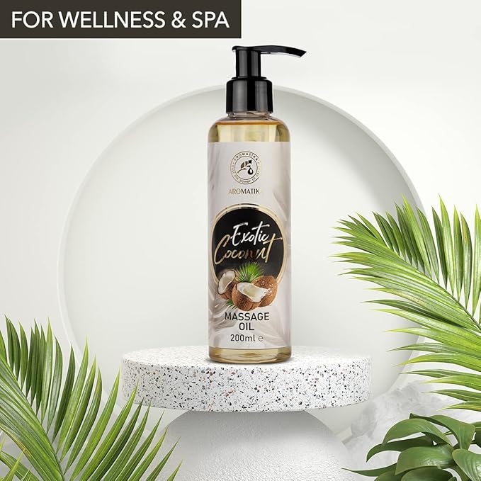 Massage Oil Coconut 6.8 Fl Oz (200ml) - Body Oil with Coconut - Jojoba - Almond - Grapeseed - Peach Kernel Oils - Aromatherapy Oil - Relax Oil - Good Sleep Oil - Calming Oil