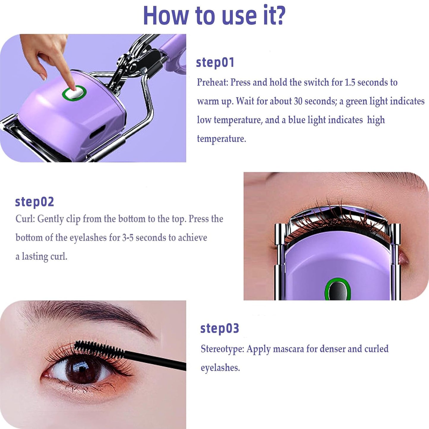 Pinkiou Heated Eyelash Curler for Women USB Rechargeable Lash Curler Long Lasting Ironing Electric Eyelash Curler with Silcone Pad Replacable Great Makeup Tools for Her(Purple)