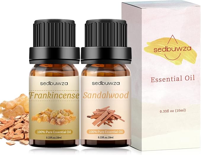 Sedbuwza Sandalwood Frankincense Essential Oil Set, Sandalwood Fragrance Oil Frankincense Scent Oil Set for Diffuser, Aromatherapy, Massage, Soap, Candle Making 2 x 10 ml
