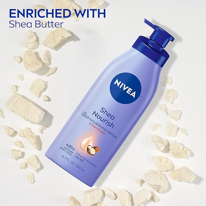 NIVEA Shea Nourish Body Lotion with Deep Nourishing Serum and Shea Butter, 48-Hour Moisturizing Body Lotion for Dry Skin, Nourishes and Smooths Dry Skin, 16.9 Fl Oz Pump Bottle