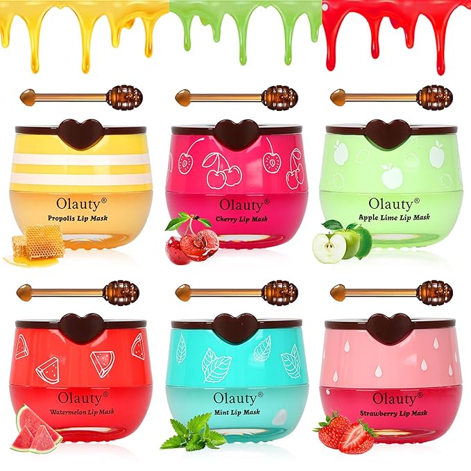 6 PCS Bee Lip Balm Honey Pot,Honey & Strawberry & Watermelon & Apple Lime & Cherry & Mint Lip Mask Overnight Hydrating Prevention Dry and Cracked Lip Scrubs Exfoliator Lip Care, Reduces Lip Lines