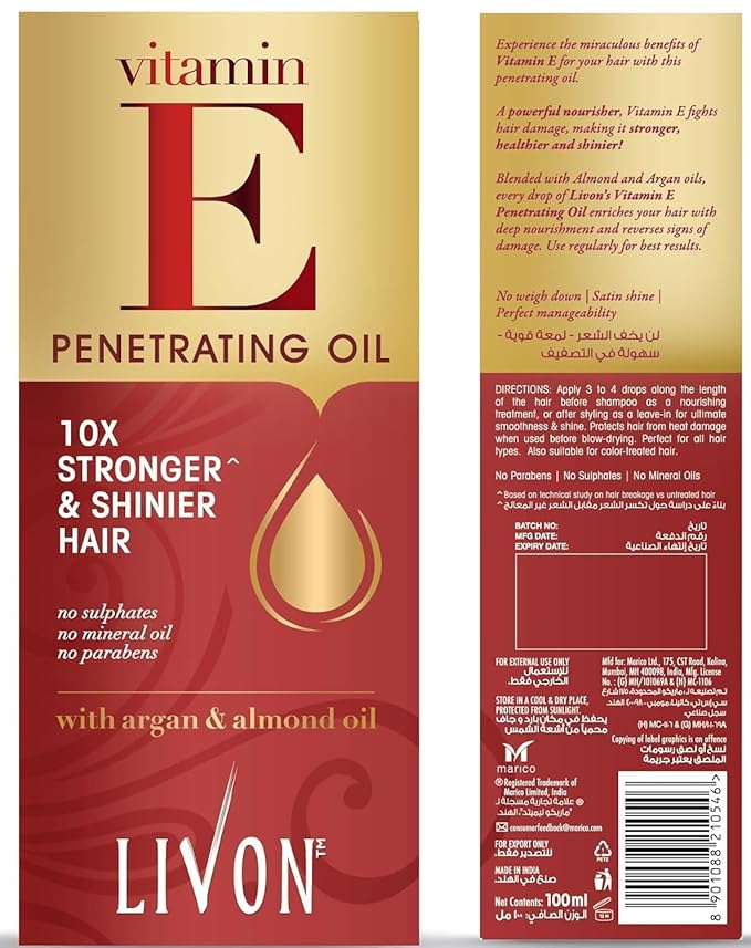 Livon Hair Serum for Men & Women | Frizz free & shinier hair | Sulphate & Paraben free| All Hair Types | Lightweight & Non Greasy | Vitamin E Serum Oil | Enriched with Argan & Almond Oil | 3.3 Fl.oz