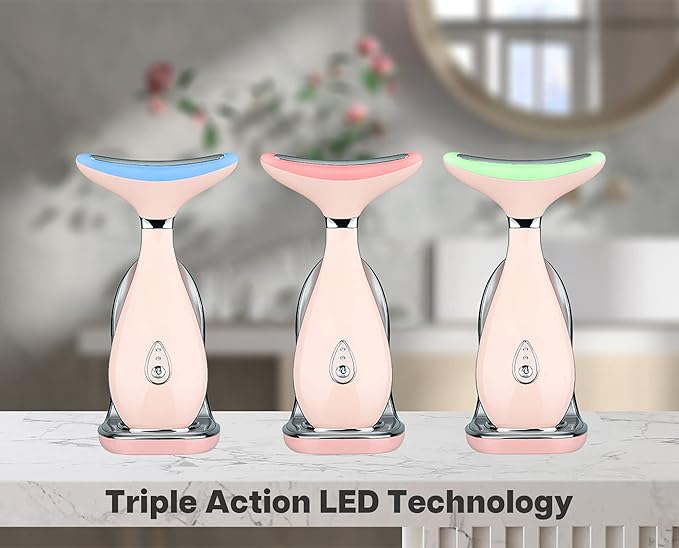 Lily Neck Face Massager Skin Rejuvenation Device (Pink) with Triple Action LED, Natural Jade Comb Head Massager Scalp Massage Comb