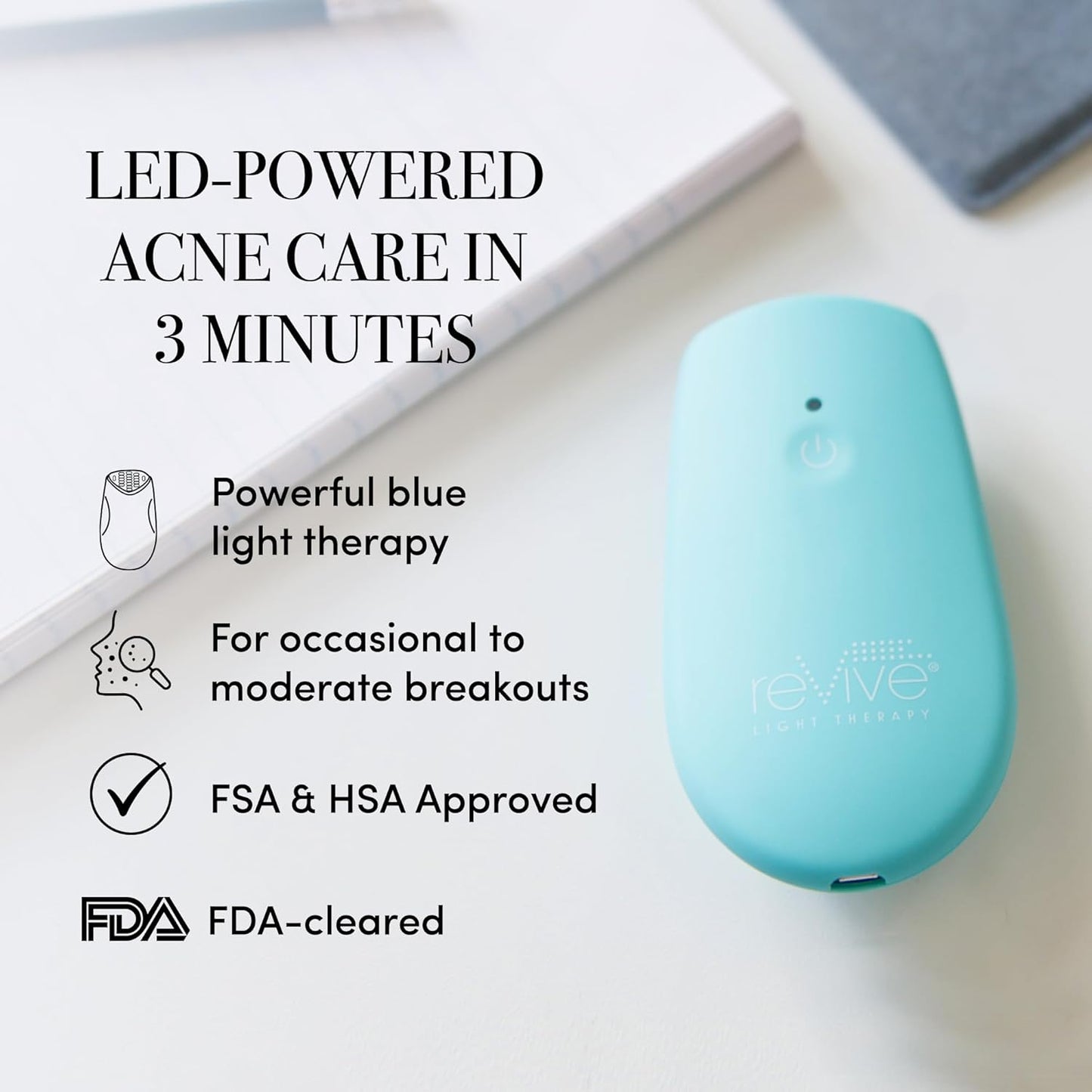 reVive Essentials Acne Device, FDA-cleared Red & Blue Light Acne Tools, Medspa Quality LED Light Therapy Products, Portable Triangular Design Face Tools for Skincare, Battery or USB Power