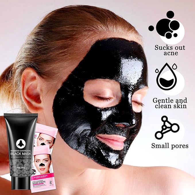 Charcoal Blackhead Remover Mask and 5 Pcs Blackhead Nose Strips,Gentle Nose Patches for Black Heads,Efficient Skincare Peel off Face Mask,Deep Cleansing Black Head Mask Set for All Skin Types