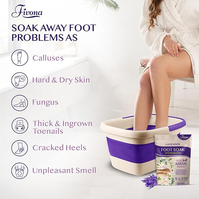 Fivona Foot Care Kit 2 in 1 - Foot Soak Blend with Epsom Salt, Lavender and Essential Oils - Expandable Foot Soak Basin - Pedicure Spa Soak for Tired Feet, Cracked Heels, Stubborn Foot Calluses