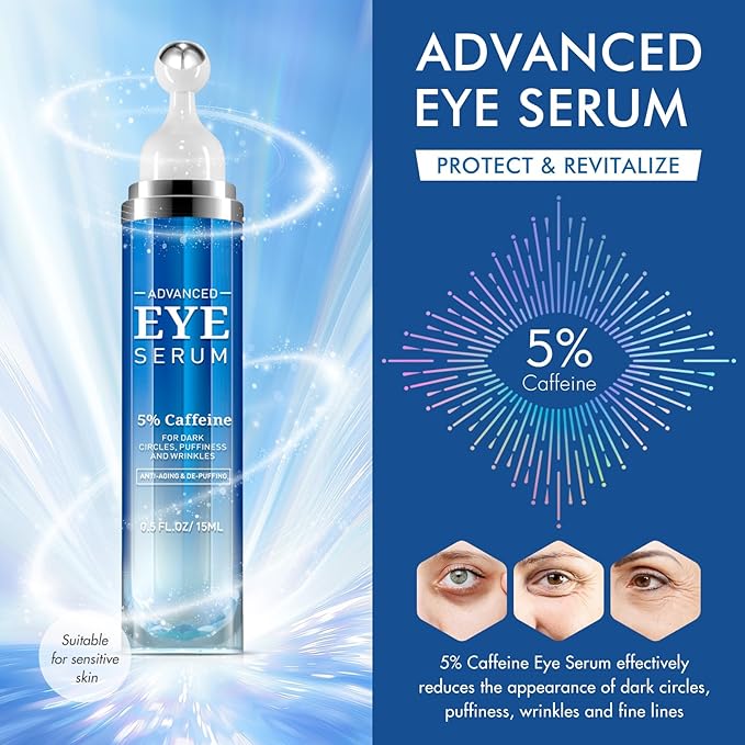 Advanced Eye Serum with Caffeine & Retinol,Eye Treatment Cream for Dark Circles Under,Anti Aging Eye Serum with 360°Massage Roller for Eye Massage Ball-0.5 fl.oz