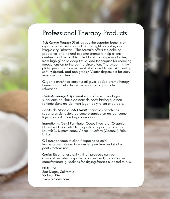 BIOTONE Truly Coconut Massage Oil with Organic Coconut Oil, Melts Away Tension and Promotes Deep Relaxation, Light, Versatile, Long-Lasting, Easy Wash-Out, Can Also Use as a Bodycare Oil