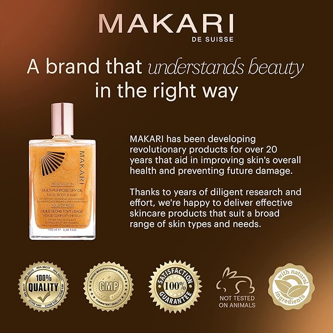 Makari 24K Rose Gold Multi-Purpose Dry Shimmer Oil (3.38 fl oz) | Body Shimmer Oil for Face, Hair and Body | Shimmer Body Oil with Real Gold Flakes | Luxurious Dry Body Oil and Shimmering Body Oil