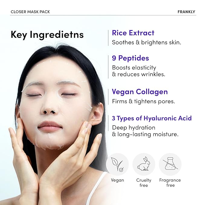 FRANKLY Closer Pore Minimizing Mask,10 sheets – Korean Semi-Gel Face Mask for Pore Care, Hydration & Firming | Korean Skin Care with Collagen, Triple Hyaluronic Acids & Peptides | 0.74 fl oz*10 EA