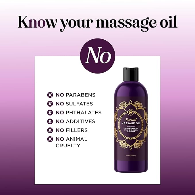 Aromatherapy Sensual Massage Oil for Couples - Relaxing Lavender Massaging Oil for Massage Therapy with Vitamin E Jojoba & Sweet Almond - Naturally Scented Vegan Non GMO & Gluten Free (8 Fl Oz)