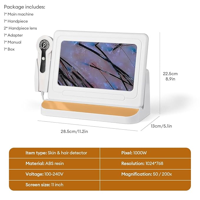 Scalp Analysis Machine, 11 Inch HD Screen Skin Hair Analyzer, Digital Hair Follicle Scalp Detector with 50x/200x DualHeads for Home Salon Use,No APP Needed