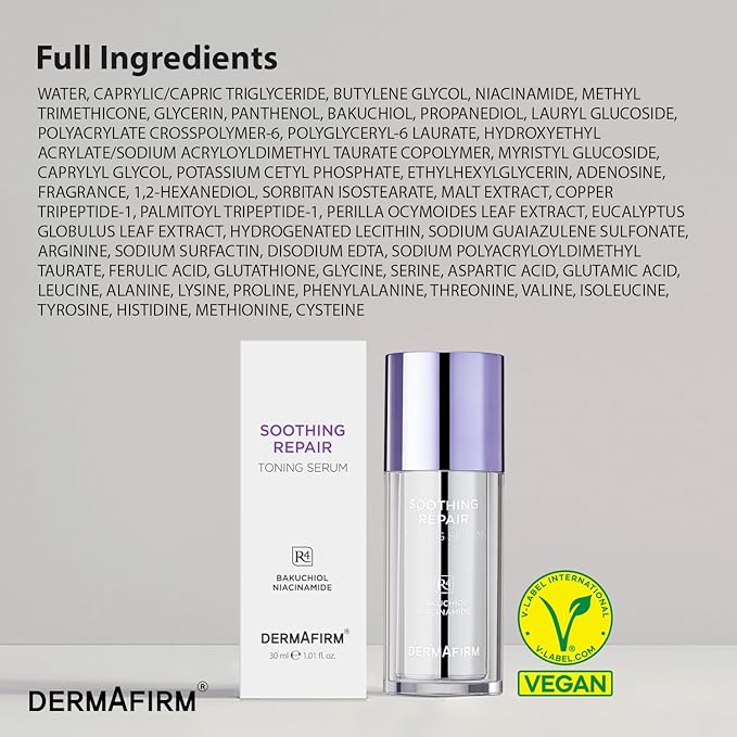 DERMAFIRM Soothing Repair Toning Serum R4 | Korean Bakuchiol Face Serum w/Niacinamide & Peptides | Calming and Correcting Facial Serum | No Animal Trials No Parabens 1.01 fl oz