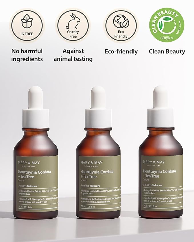 Mary&May Houttuynia Cordata + Tea Tree Serum - Effective Pore Clearing and Acne Treatment Face Serum - Non-Sticky Formula for Improved Skin Barrier and Calm Skin - Fragrance Free, 1.01 fl.oz.