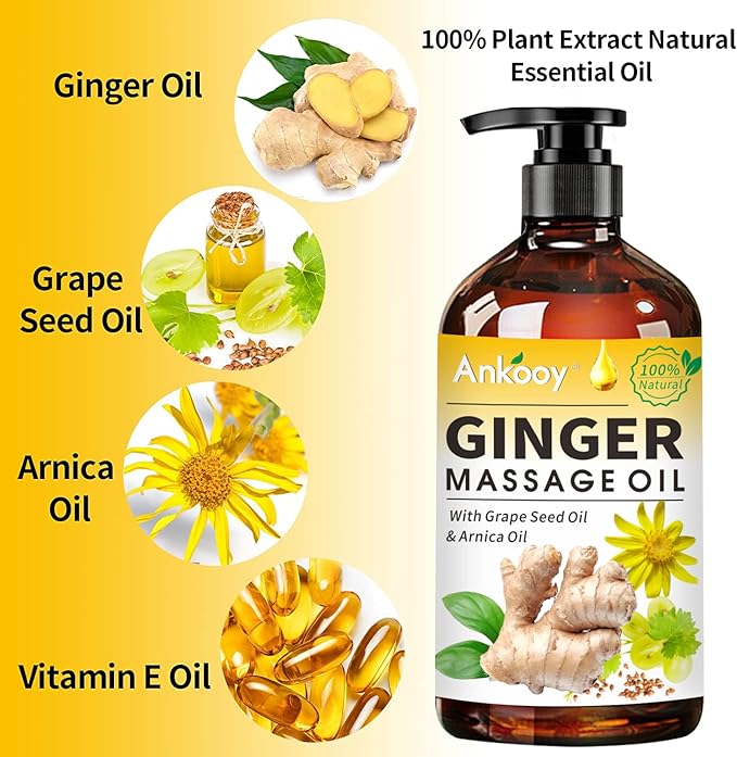 3 Pack Ginger Massage Oil with Arnica Oil,Vitamin E Oil and Grape Seed Oil,Ginger Oil for Lymphatic Drainage,100% Natural Ginger Essential Oil for Warming and Relaxing