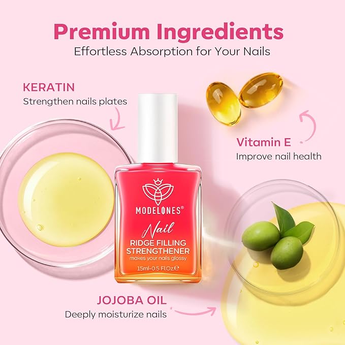 modelones Nail Strengthener, 8-in-One Nail Ridge Filler Base Coat Nail Polish Repair Nail Growth Treatment for Thin and Damaged Nails, Jelly Pink, 15ml
