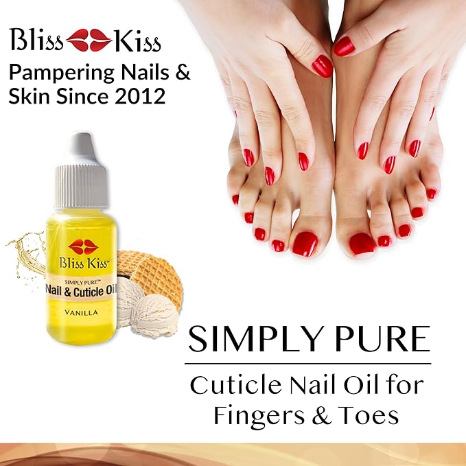 Bliss Kiss | Vanilla Fragrance | Nail Oil Cuticle Dropper w/Vitamin E & Jojoba⏤Nail Strengthener Nail Growth Serum for Brittle Peeling Breaking Thin Nails | 0.5oz |