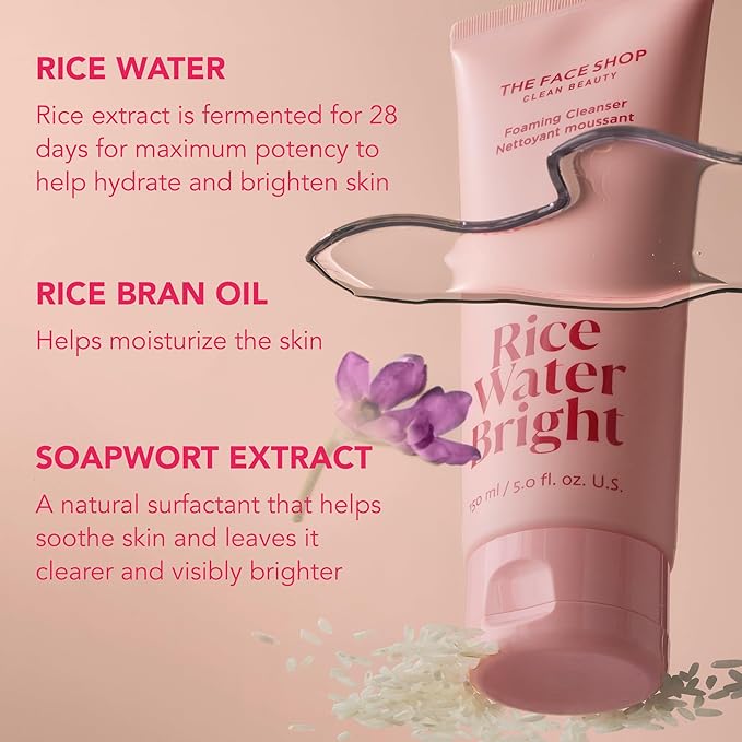 The Face Shop Rice Water Bright Foaming Facial Cleanser with Ceramide, Gentle Face Wash for Hydrating & Moisturizing, Vegan Face Cleanser, Makeup Remover, Korean Skin Care for All Skin Types, 300ml