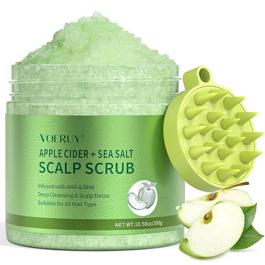 Apple Cider Scalp Scrub, 2-in-1 AHA & BHA Scalp Exfoliator Shampoo, Detox Treatment with Sea Salt, Clarify and Remove Build Up with Silicone Scalp Massager, 10.6oz/300g