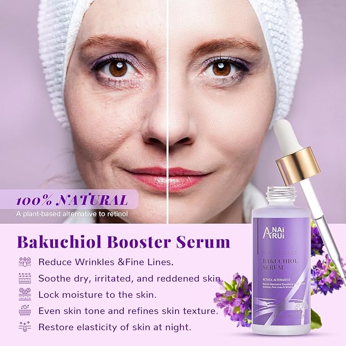 ANAI RUI Bakuchiol Face Serum, Bakuchiol Retinol Alternative Serum,Smoothing Face Serum with Hyaluronic Acid & Peptide Sensitive Skin Serum, Anti Aging, Smoothing & Wrinkle Serum, 1.69Fl.Oz 50ML