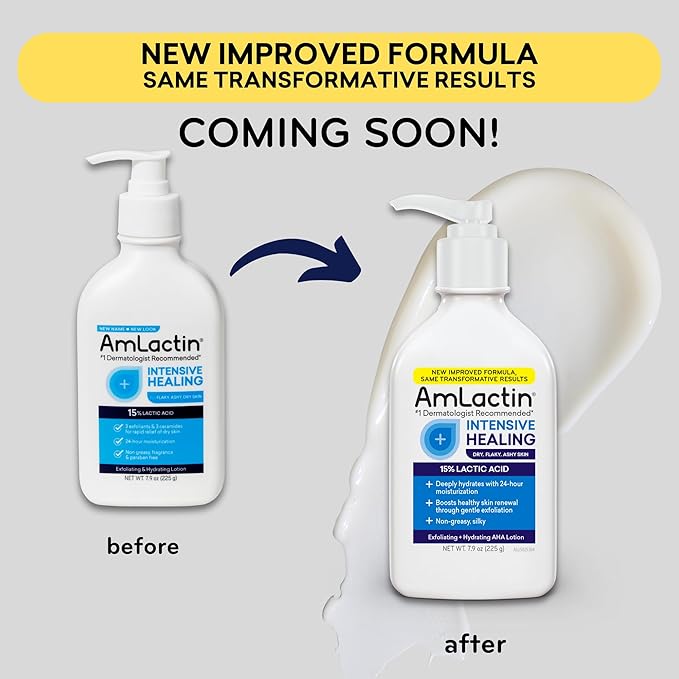 AmLactin Intensive Healing Body Lotion for Dry Skin, 7.9 oz Pump Bottle, 2-in-1 Exfoliator and Moisturizer with Ceramides and 15% Lactic Acid for 24-Hour Relief from Dry Skin (Packaging May Vary)