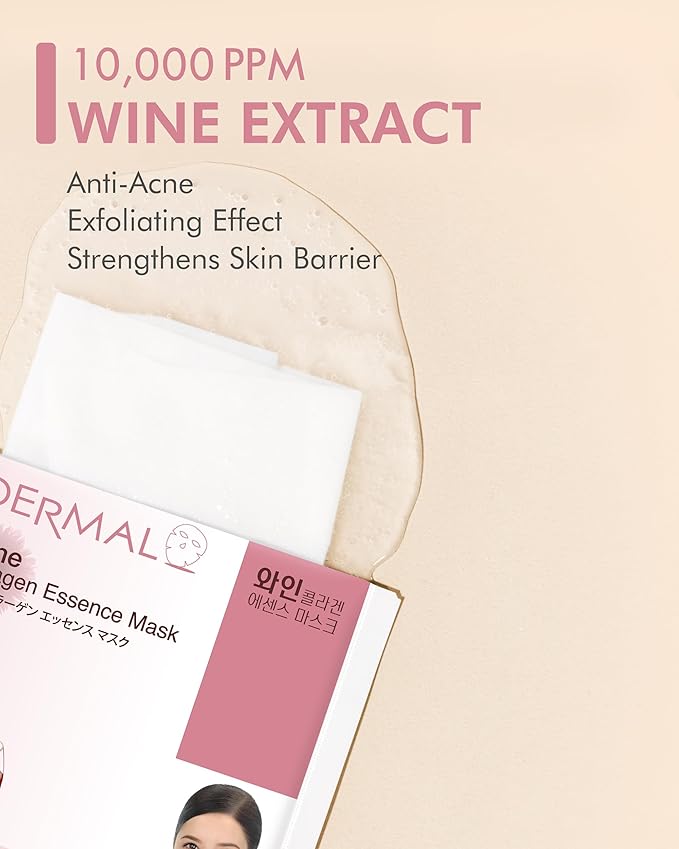 DERMAL Wine Collagen Essence Facial Mask Sheet 23g Pack of 10 - Moisturizing & Firming for Tired Skin, Relieves Skin Stress, Daily Skin Treatment Solution Sheet Mask