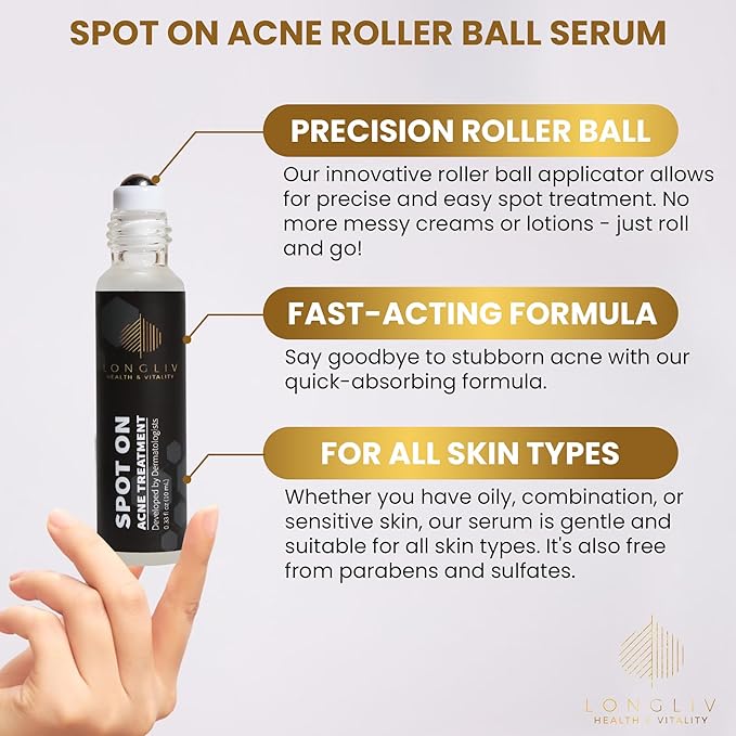 Spot On Acne Roller Ball Serum with Benzoyl Peroxide and Salicylic Acid - Pimple Spot Treatment - Treat Zits & Blemishes On the Go Without a Mess - Formulated by Dermatologists
